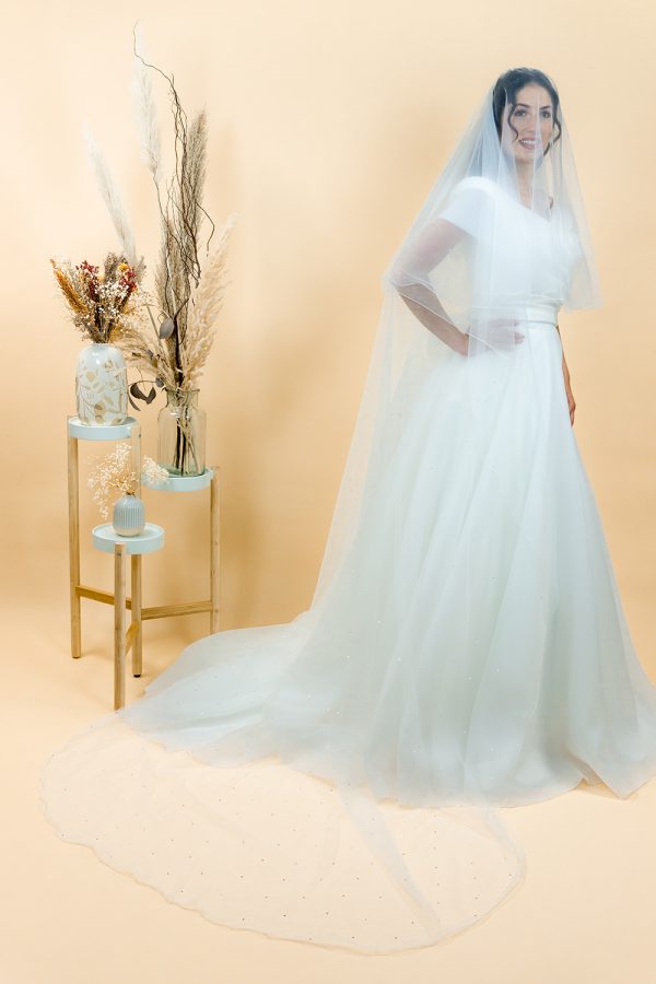 Voile de mariée orné de cristaux Becca en tulle simple avec rabat, bordure festonnée et cristaux